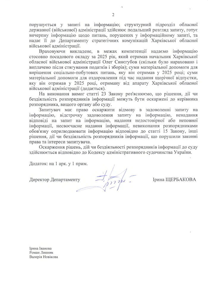 Харківська ОВА, зарплата Синьогубову