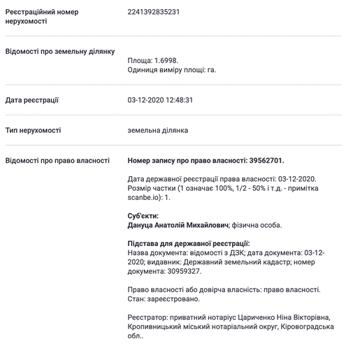 Анатолій Дануца, земля