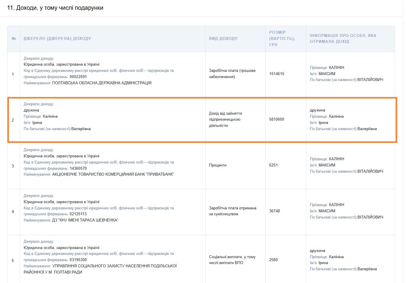 Ірина Калініна, Декларація