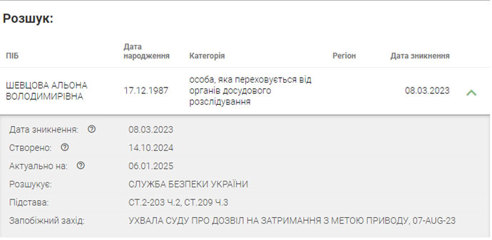 Олена Дегрік. Олена Шевцова, розшук, Артям Ляшанов