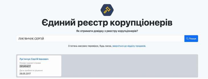 Сергій Лук'янчук, реєстр корупціонерів