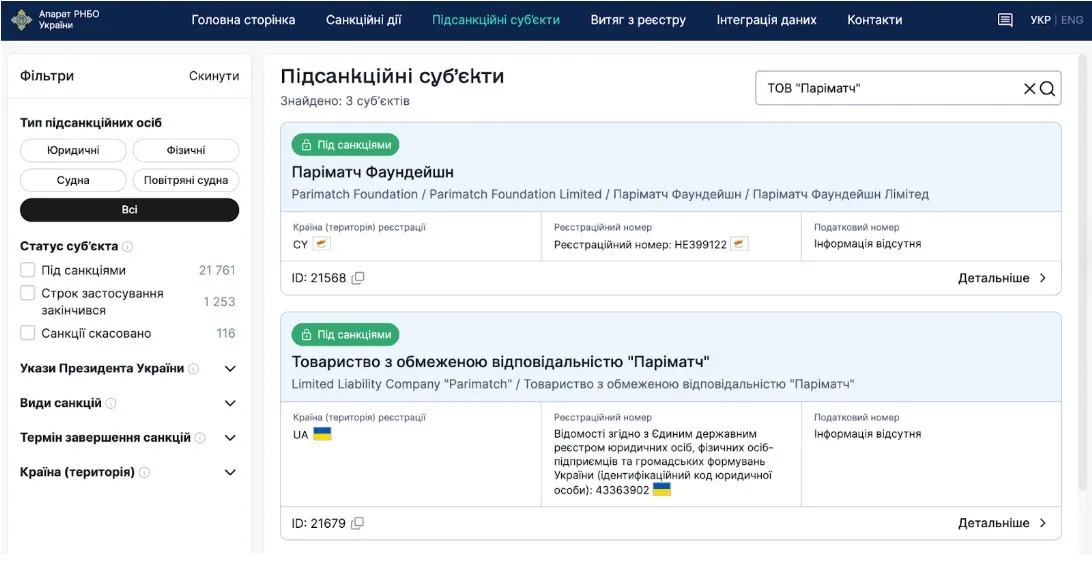 санкції, париматч, онлайн-казино