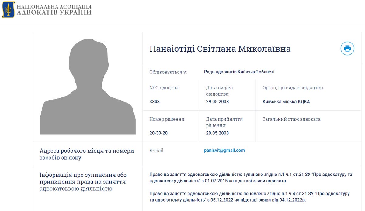 Світлана Панаіотиді, адвокат, реєстр адвокатів, виписка