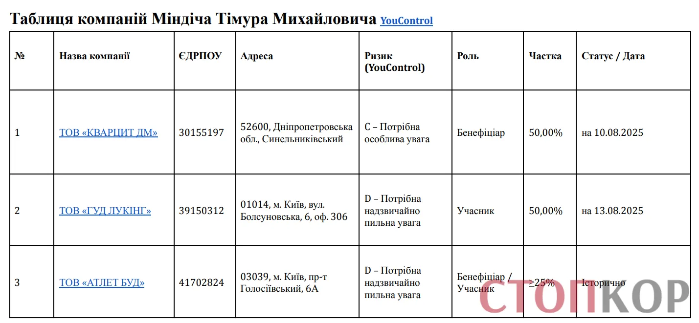 Тимур Міндіч, Кварцит ДМ, ТОВ Гуд Лукінг, ТОВ Атлет Буд