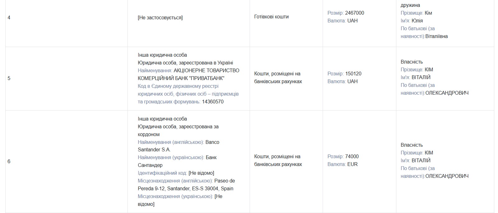 декларація сім'ї Віталія Кіма