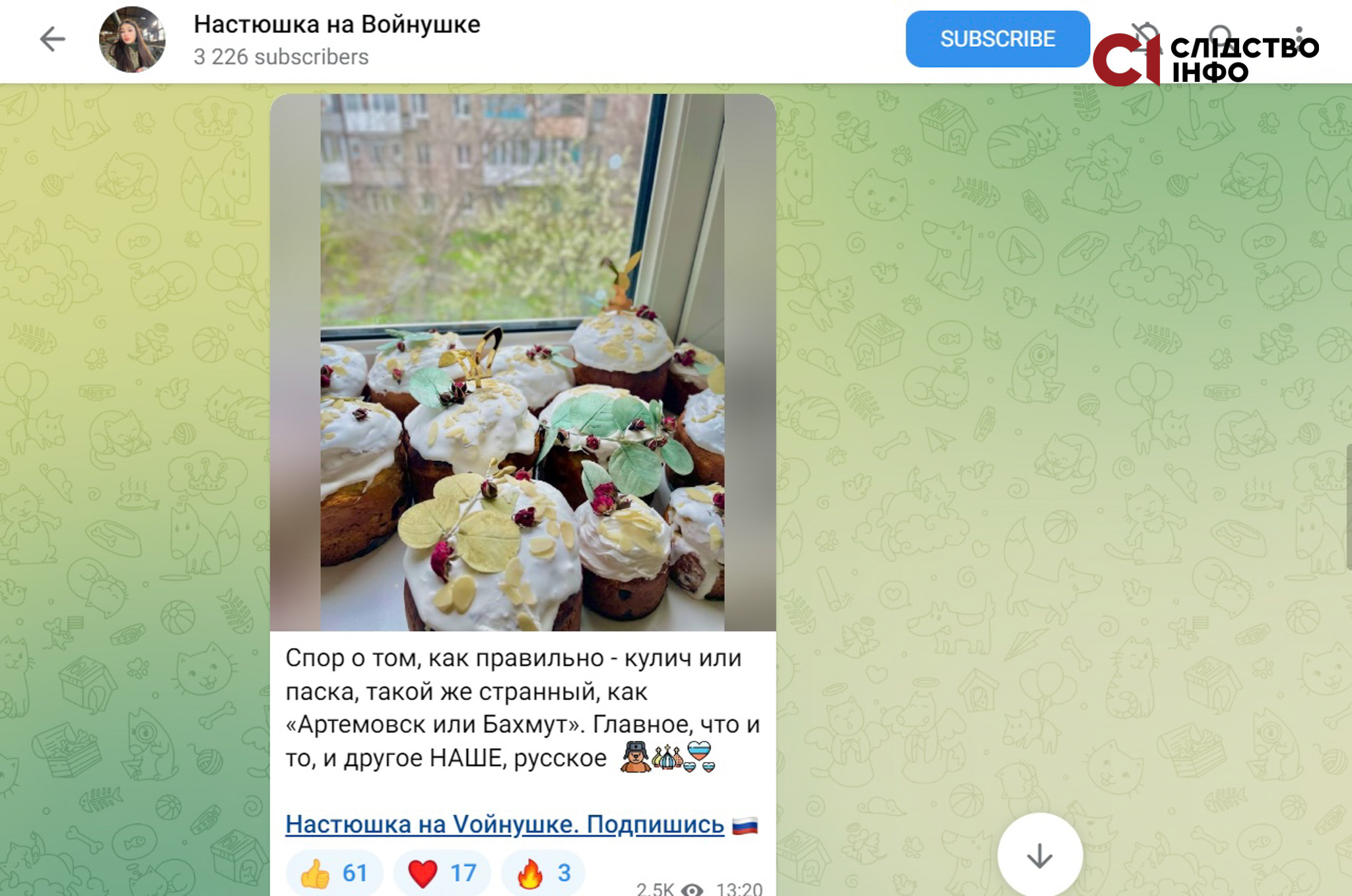 На фото скрін телеграм-каналу. Зображення великодніх пасок з підписом.